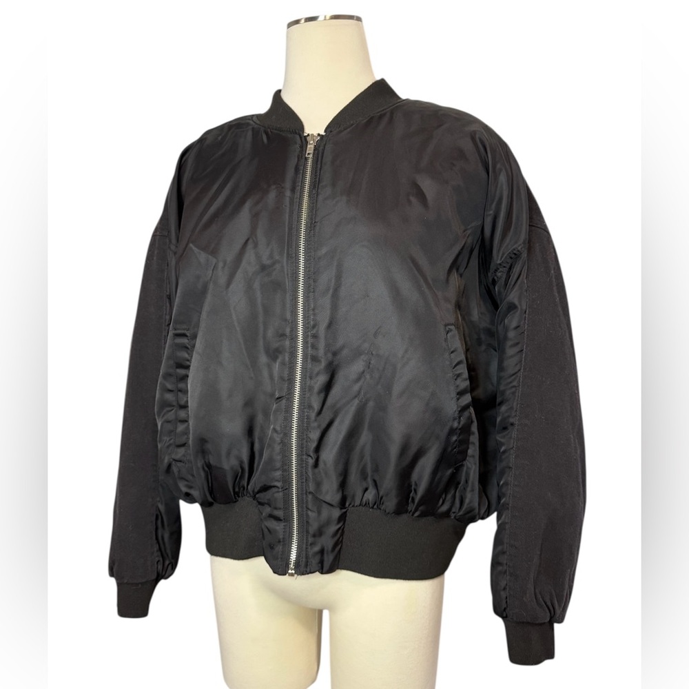 Forever 21+ Black Bomber Jacket - Satin Front/ Canvas Back - Size OX (XL)
